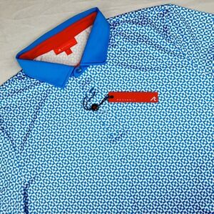 NWT REDVANLY Men's L Blue White Geometric Print Blake‎ Athletic Golf Polo Shirt